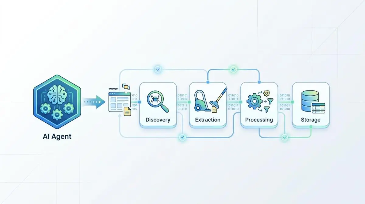 AI agent performing discovery, extraction, processing, and storage for automated web scraping pipelines.