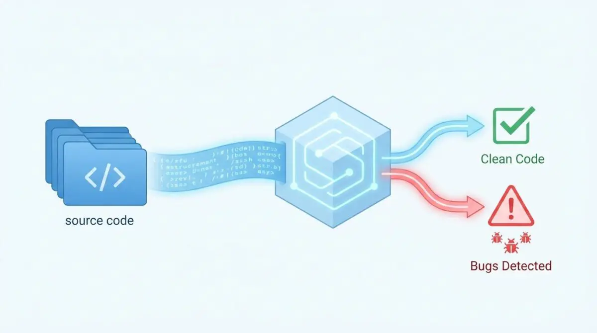 AI-powered automated code review for bug detection, showing source code processed to clean code or bugs detected.