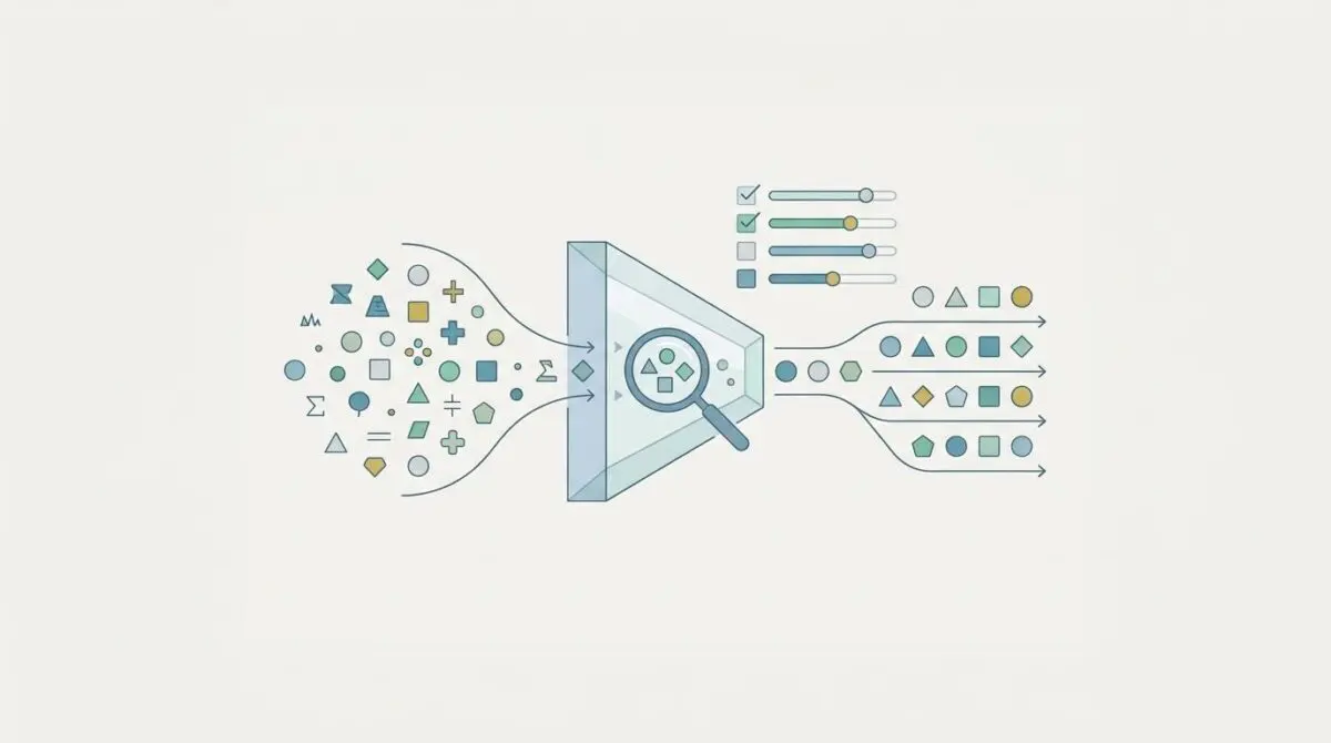 Abstract shapes being filtered and analyzed with a magnifying glass to audit AI systems for bias and fairness in hiring.