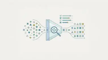 Abstract shapes being filtered and analyzed with a magnifying glass to audit AI systems for bias and fairness in hiring.