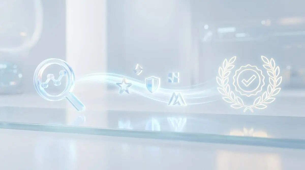 Magnifying glass on graph icons, badges, and shields symbolize how AI engines evaluate brand trust and authority.
