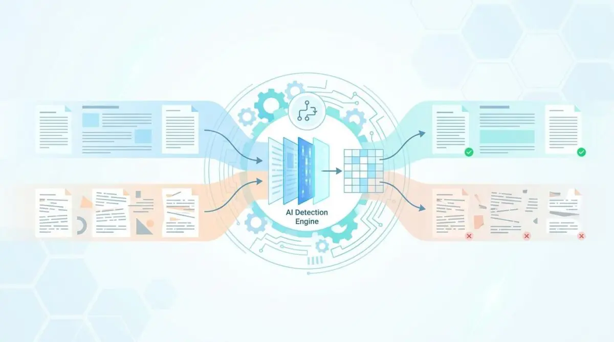 Conceptual graphic illustrating AI detection engine filtering content for quality and uniqueness.