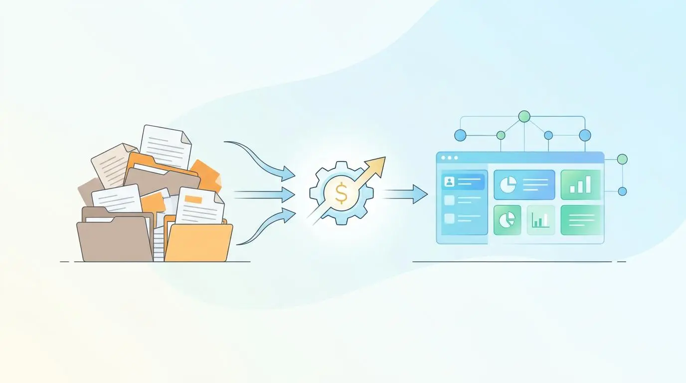 Files feeding into a gear with a dollar sign, leading to an AI dashboard with charts.