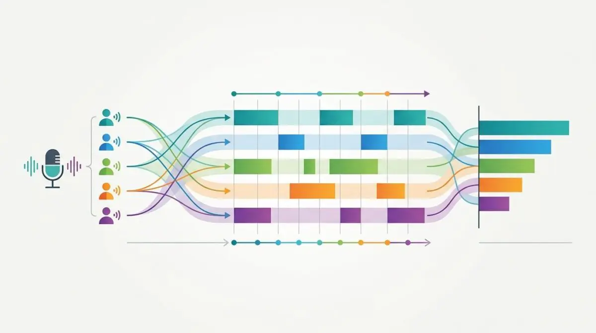 AI diagram showing diverse voices converging to ensure all voices are heard in a meeting.