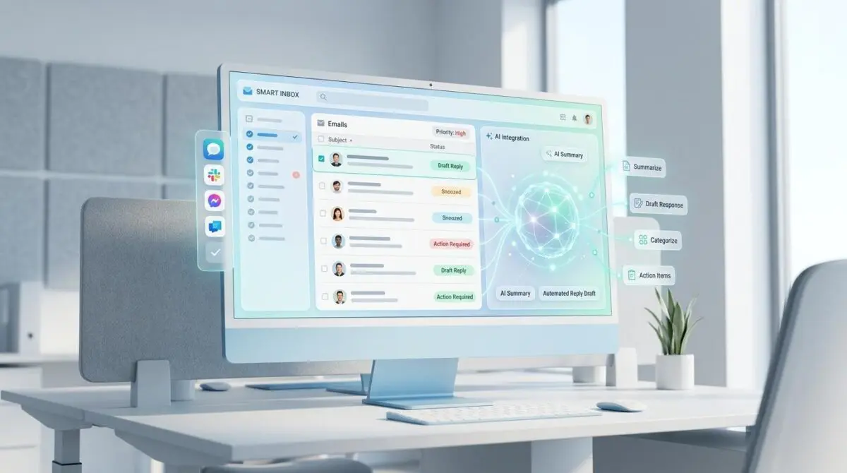 Desktop displaying a smart inbox interface with AI integration for managing emails. How to automate daily email management using AI integrations.