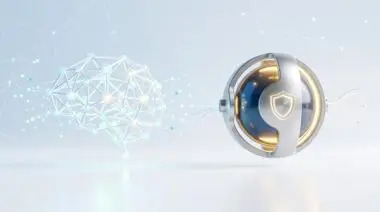 Abstract AI brain connecting to a shielded sphere, illustrating the cost-benefit analysis of AI models.