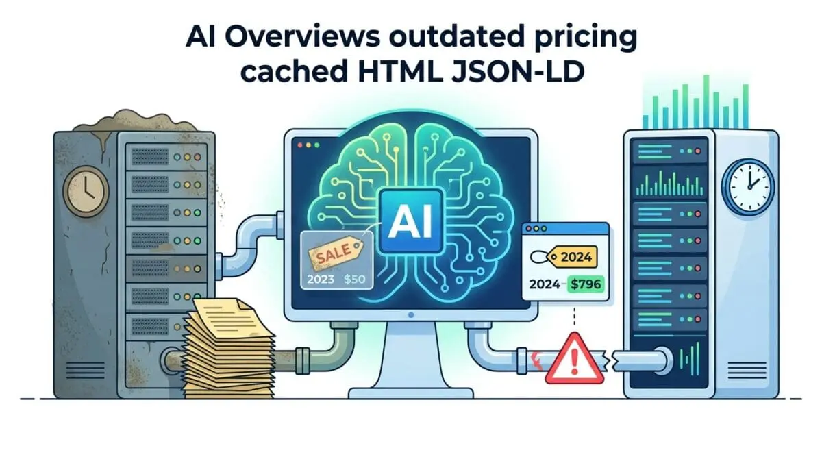 An illustration shows a central AI system processing data from an old, dusty server with stacked paper documents representing cached HTML on the left, while a broken data pipe with a warning sign cuts off the connection to a clean, modern server displaying real-time structured data on the right.