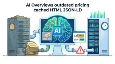 An illustration shows a central AI system processing data from an old, dusty server with stacked paper documents representing cached HTML on the left, while a broken data pipe with a warning sign cuts off the connection to a clean, modern server displaying real-time structured data on the right.