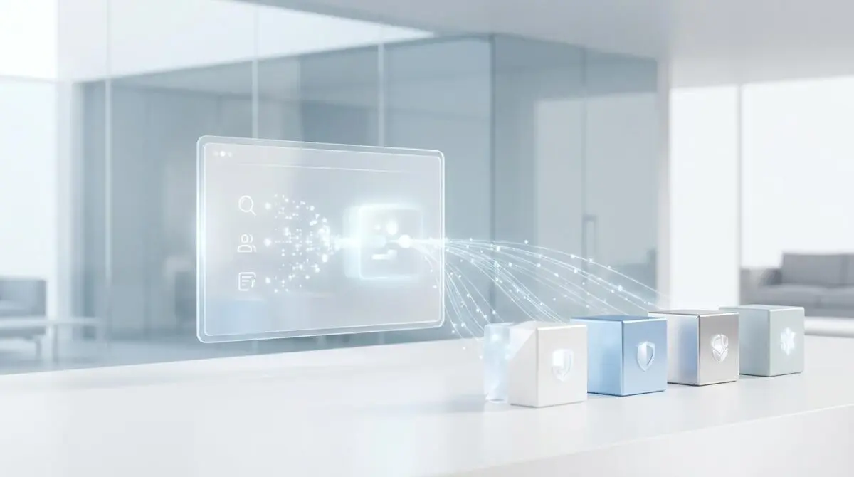 Digital interface displaying data flow to branded cubes, representing AI Overviews citing competitors.