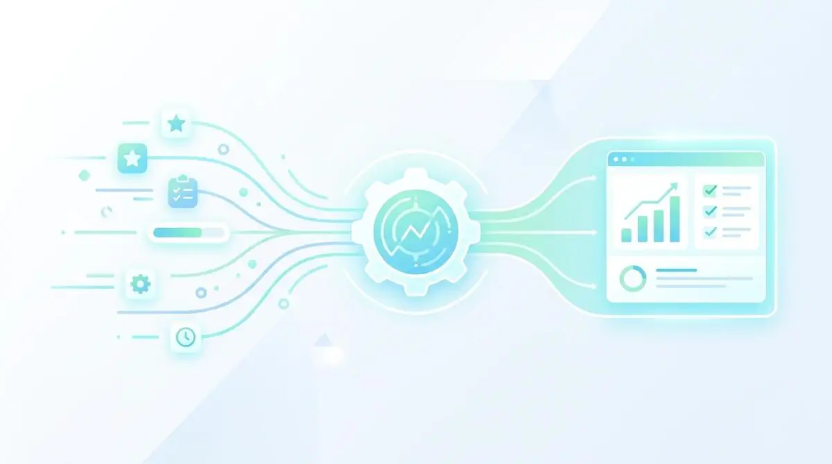 AI-driven performance review summary generation process with data inputs and analytics output.