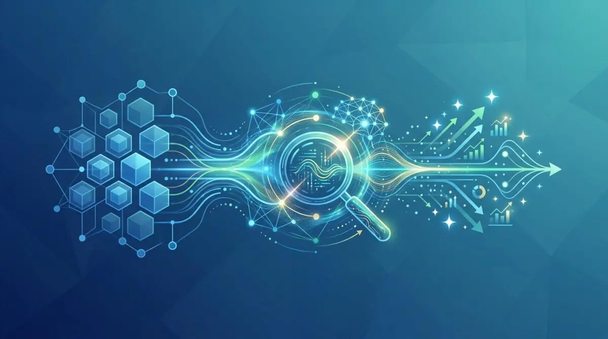 Magnifying glass on network of data points, illustrating AI-powered augmented analytics for BI.