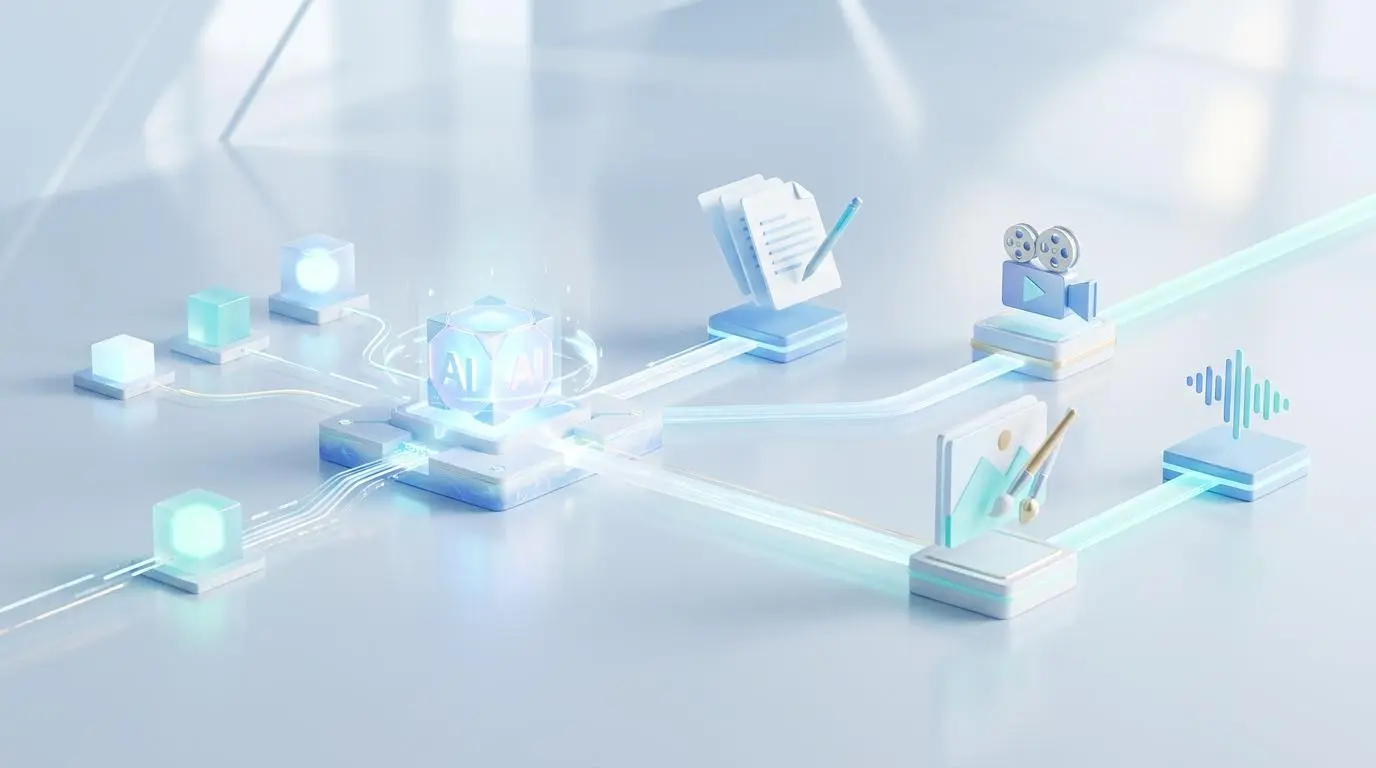 AI cubes processing data streams for automated hyper-local landing page generation.