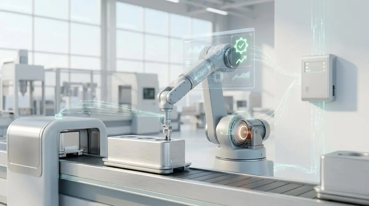 Robotic arm utilizing AI for predictive maintenance in manufacturing, with data visualizations.