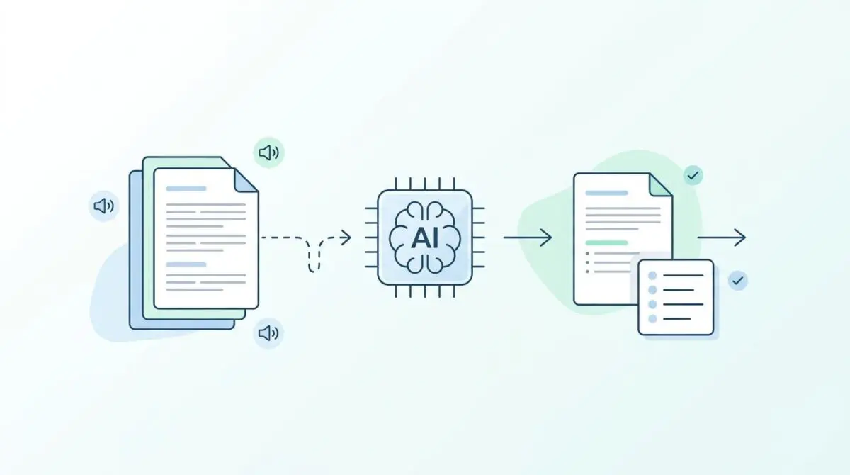 AI processing meeting transcripts to summarize and extract action items from audio files.