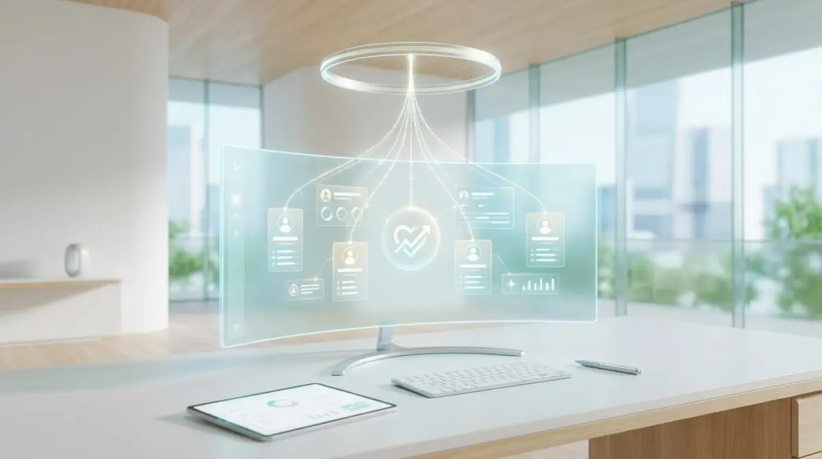 Futuristic interface displaying employee data with heart icon, illustrating AI tools for employee retention.