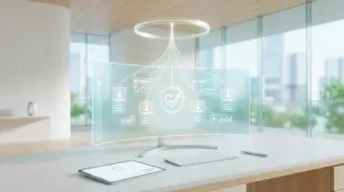 Futuristic interface displaying employee data with heart icon, illustrating AI tools for employee retention.