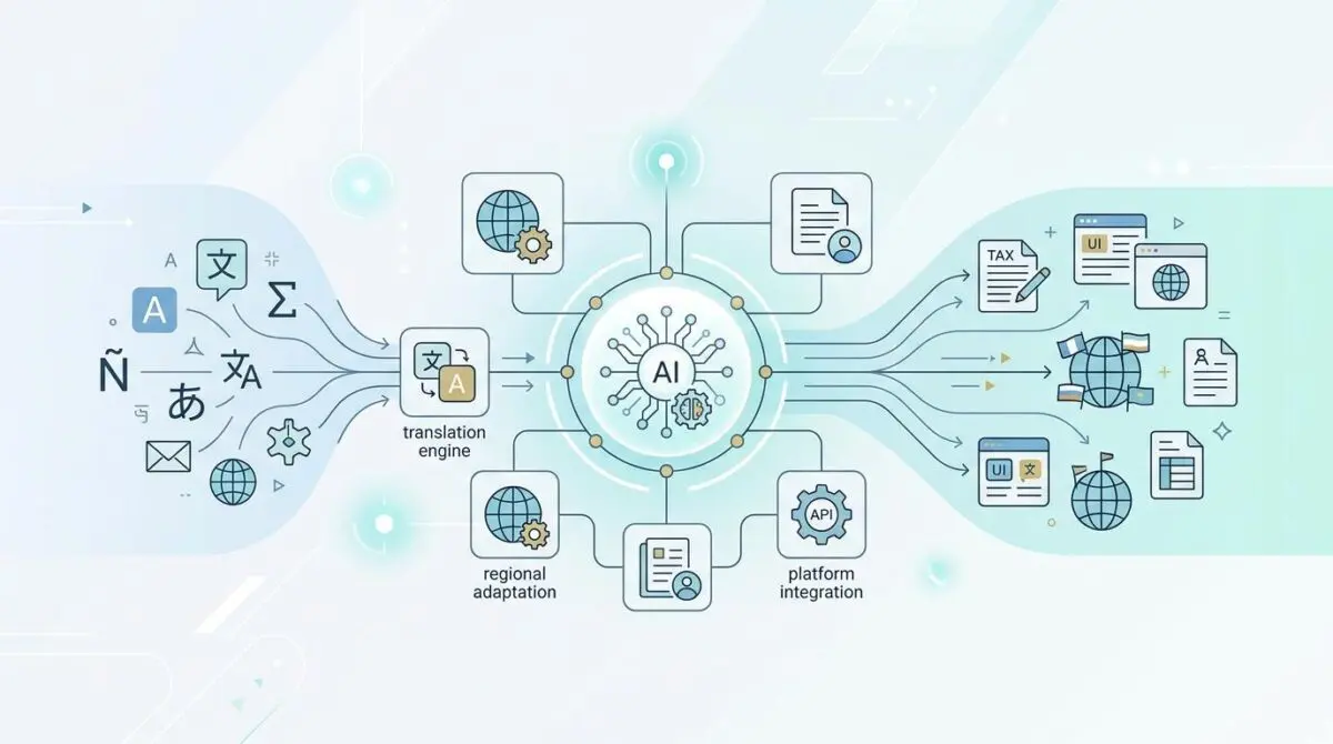 AI translation engine processing languages for global adaptation and platform integration.