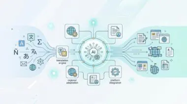 AI translation engine processing languages for global adaptation and platform integration.