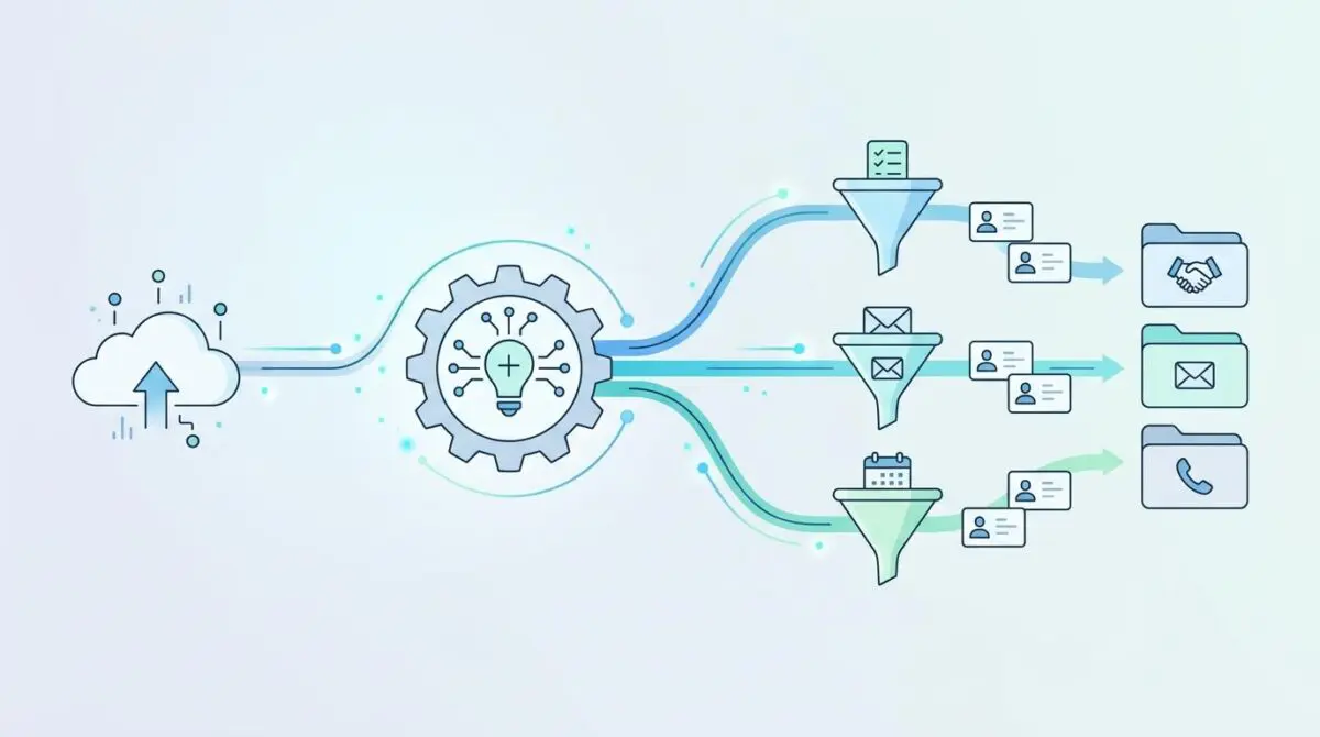 Illustration of AI workflows automating B2B lead generation, showing data flow from cloud to funnels and CRM folders.