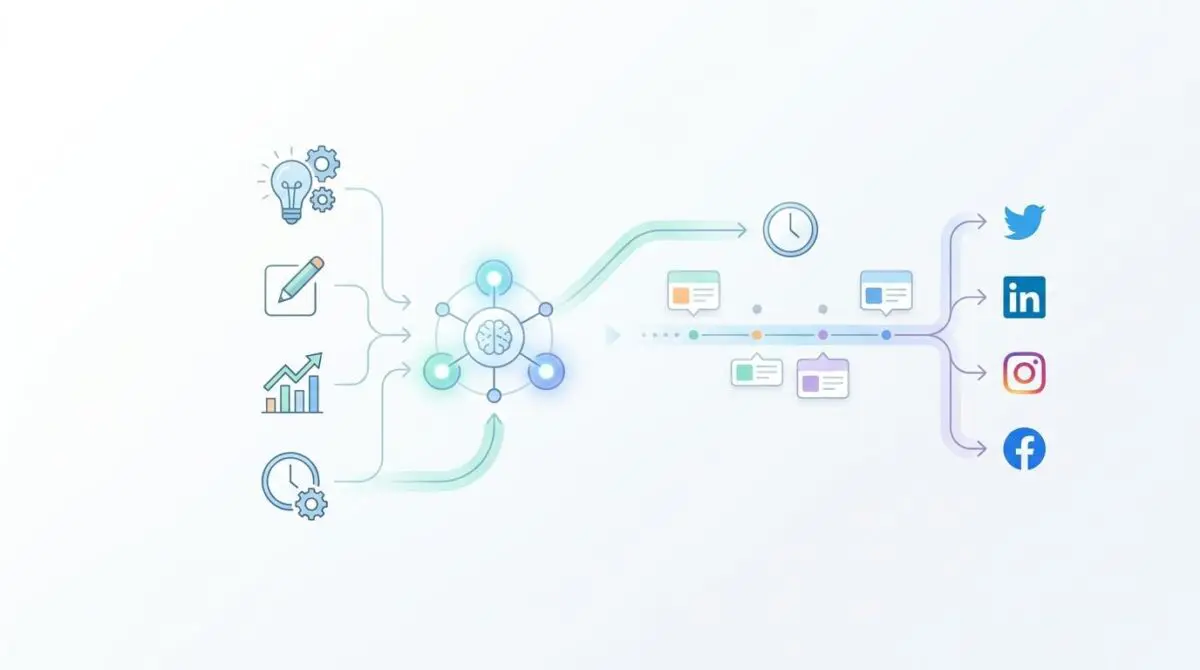AI workflow diagram shows automated social media scheduling and content generation for Twitter, LinkedIn, Instagram, Facebook.