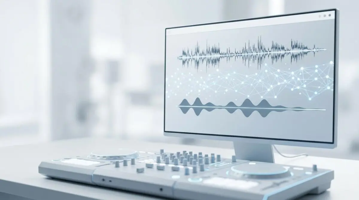 Computer screen displaying audio waveforms and a network graph, representing AI for audio editing and noise reduction.
