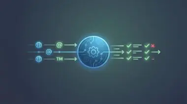 AI checks domain and trademark availability, showing successful checks with green checks and failures with red crosses.