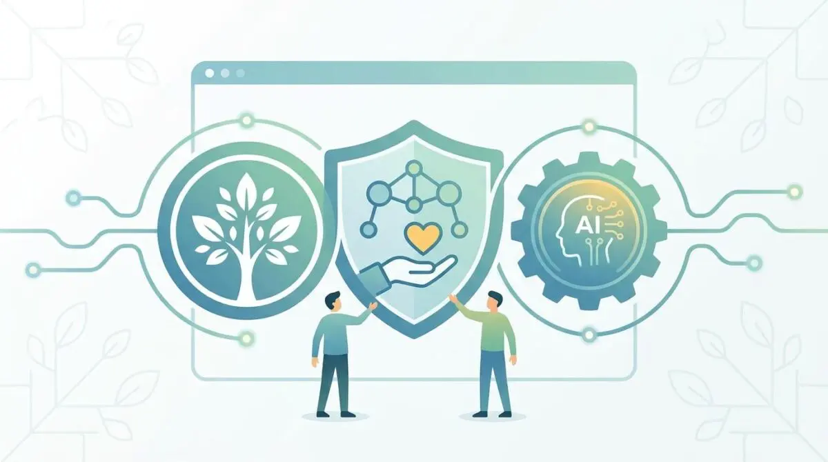 AI for Corporate Social Responsibility illustrated with a tree, shield, and AI gear icon.