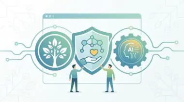 AI for Corporate Social Responsibility illustrated with a tree, shield, and AI gear icon.