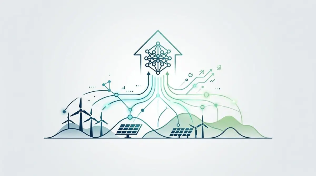 AI network processing data from wind turbines and solar panels to optimize energy sites.