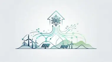 AI network processing data from wind turbines and solar panels to optimize energy sites.