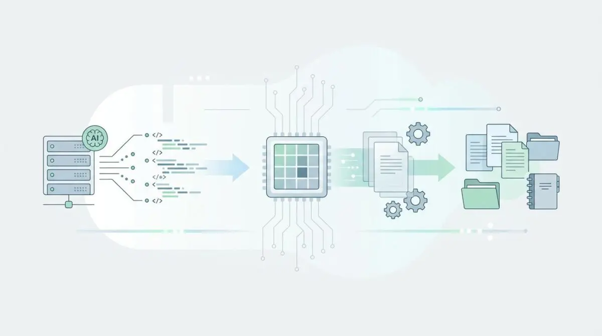 AI processing code to generate software documentation via a central processor.