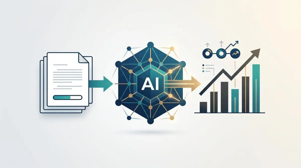 AI processing documents for manuscript submission review and market trend analysis.