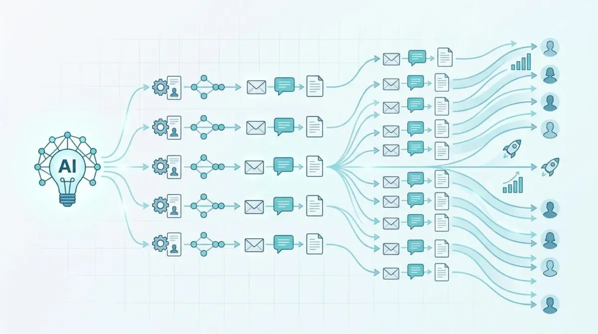 AI streamlines personalized sales outreach sequences at scale, shown as a flow chart.