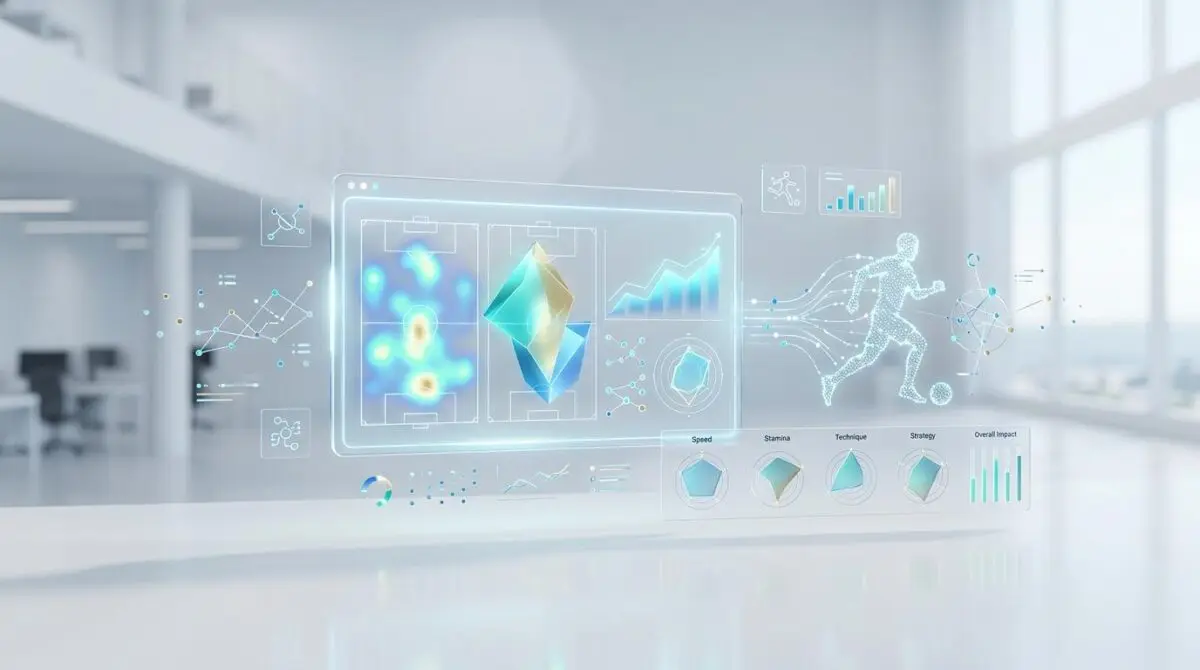 AI for player scouting, performance analysis, and injury prevention visualized with data overlays.