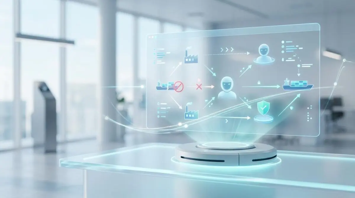 Holographic display showing AI analyzing supply chain risks: blocked ships, factories, and secure routes.