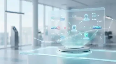 Holographic display showing AI analyzing supply chain risks: blocked ships, factories, and secure routes.