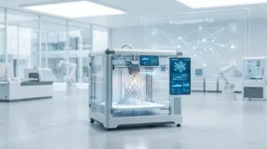 AI optimizing 3D printing with a network overlay in a modern manufacturing lab.