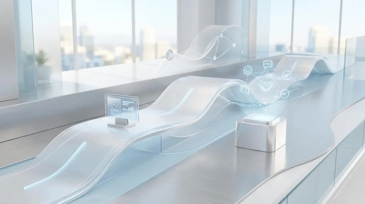 Futuristic conveyor belt symbolizing AI integration into CRM for personalized customer journeys.