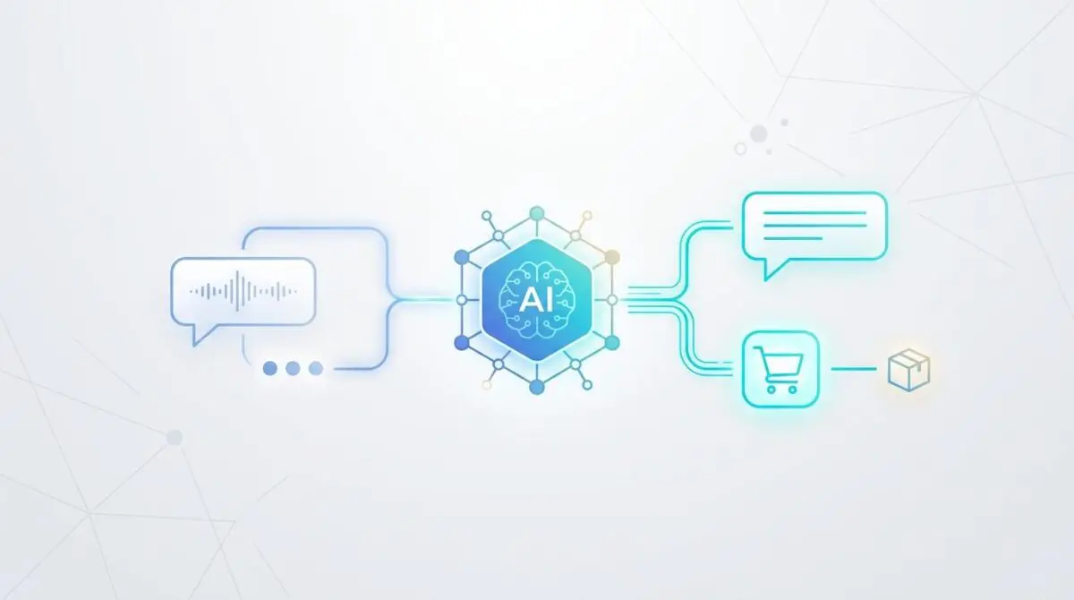 AI hexagon processing voice input to a shopping cart and delivery icon, illustrating AI in conversational commerce.