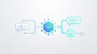 AI hexagon processing voice input to a shopping cart and delivery icon, illustrating AI in conversational commerce.