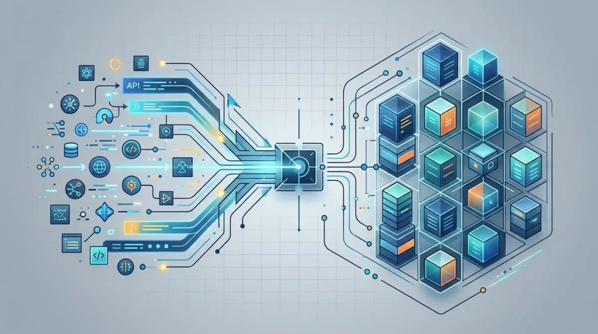 Conceptual diagram illustrating API discovery and inventory, showing data flow to a structured data repository.