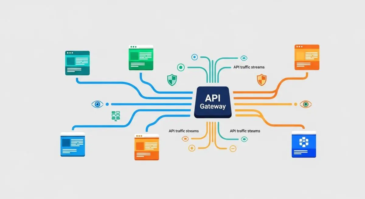 Diagram illustrating an API Gateway centralizing various API traffic streams from different applications and services.