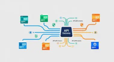 Diagram illustrating an API Gateway centralizing various API traffic streams from different applications and services.