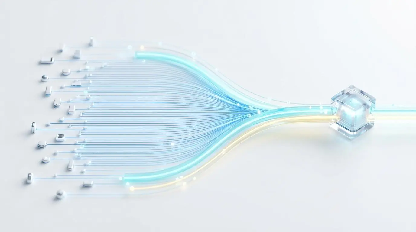 Abstract visualization of data streams converging, symbolizing real-time monitoring and automated dispatch routes.