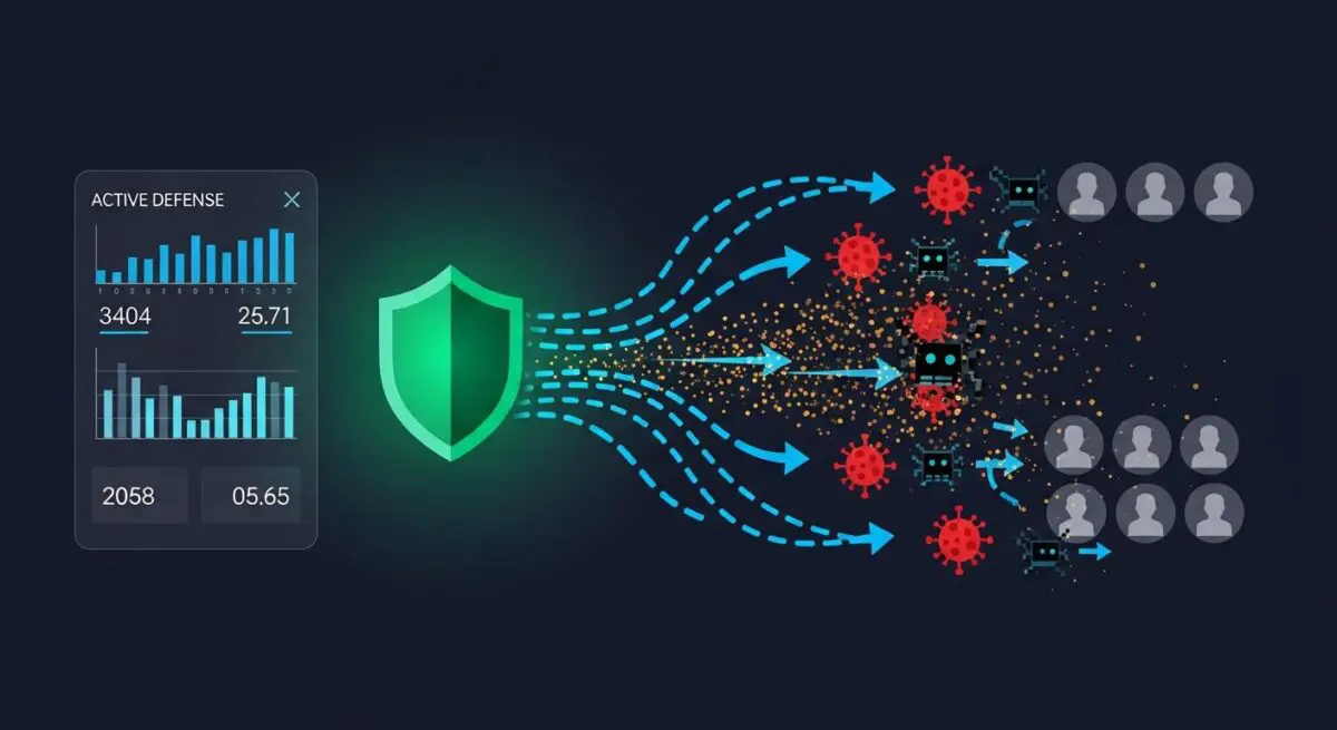 A green shield icon actively defends against incoming digital threats like viruses and bots, protecting user icons.
