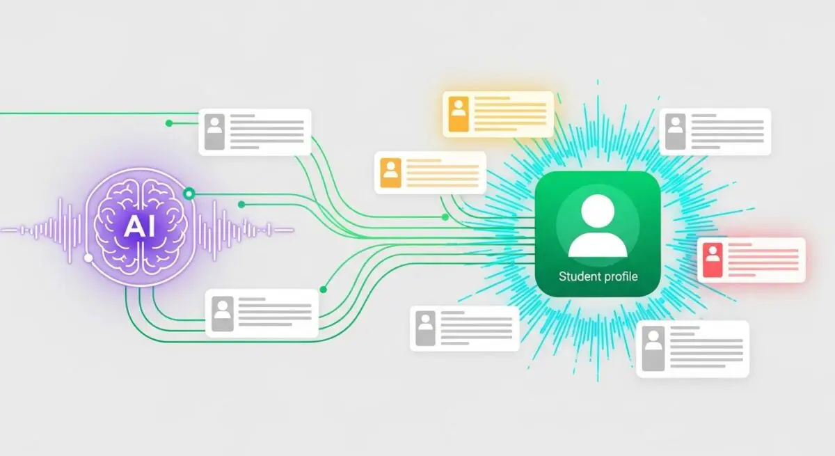 AI brain processing data points leading to a student profile, illustrating adaptive learning.