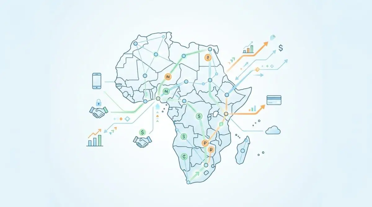 Map of Africa with digital connections, illustrating key players and trends in African FinTech.