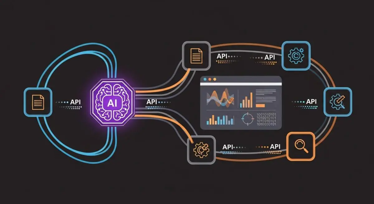 Diagram illustrating an AI agent interacting with various APIs and data visualizations.