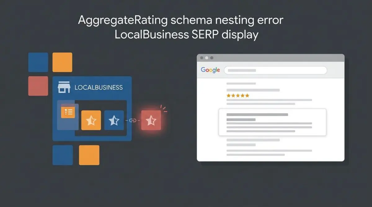 Diagram showing an AggregateRating schema nesting error preventing LocalBusiness review stars in SERPs.