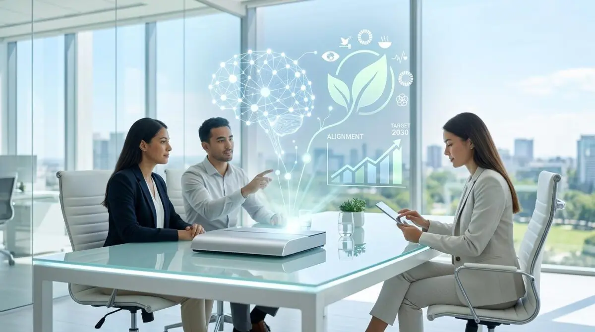 Team discussing alignment of AI initiatives with corporate sustainability goals, visualizing a growth graph towards Target 2030.